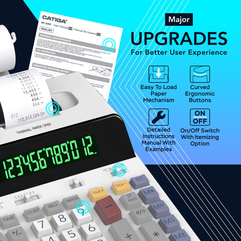 CATIGA 12 Digit Thermal Printing Calculator with Tape Print Out, Ink-Free Adding Machine, 3X Faster Quite at 8.0 LPS, Extra Large Fluorescent Display, Tax Calculation with Clock and Calendar, SP-2401 White (Ink Free)