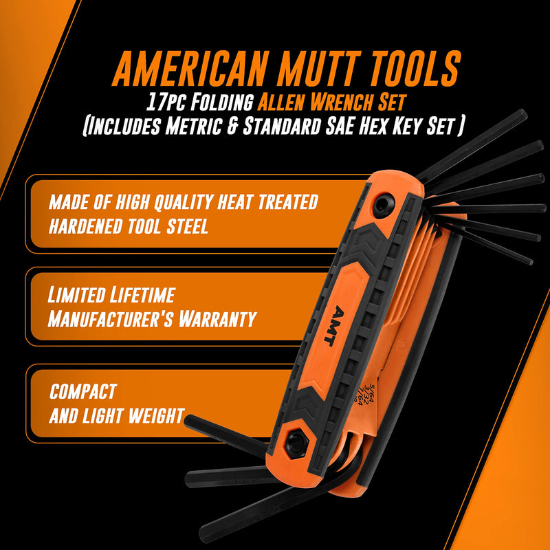 AMERICAN MUTT TOOLS 17pc Folding Allen Wrench Set – SAE and Metric Allen Key Set – Folding Hex Key Set, Allen Wrenches Sets, Metric Allen Wrenches Set, Hex Wrench Set, Llaves Allen Set, Hex Tool Set 17pc Folding Hex Key Set