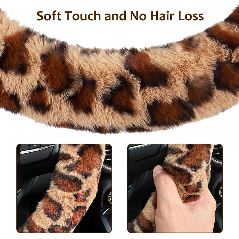 Accmor Fuzzy Car Steering Wheel Cover, Universal Fit Fur Auto Wheel Cover & Handbrake Cover & Gear Shift Cover Set, Leopard Warm Fluffy Vehicle Wheel Protector Car Accessories for Men Women (Brown) Brown/Dark Brown Leopard short hair