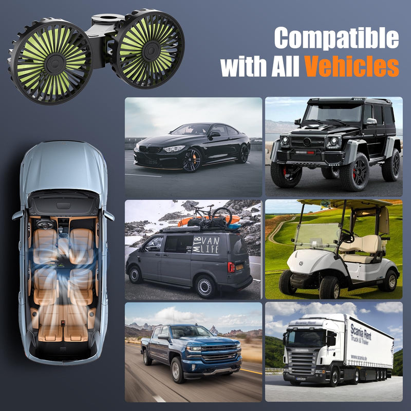 USB Car Cooling Fans for Backseat: Dual Head Car Fan for Kids 3 Speeds 360° Rotatable Vehicle Rear Headrest Fans 5V Powerful Electric Air Circulation Fan for Sedan SUV RV Truck