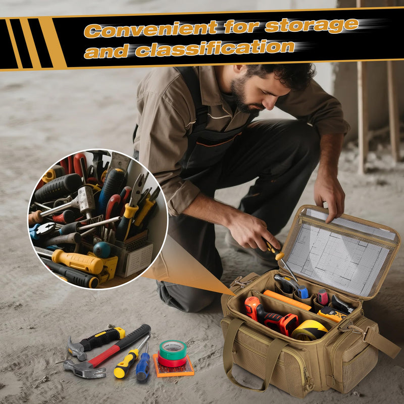Tactical Tool Bag with Anti-friction Bottom, Hand Tool Tote Storage Organizer for Men, Small Range Bag for Electricians, Carpenters, Mechanics and Repairman, Khaki