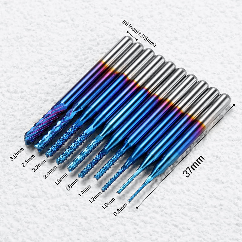 SainSmart Genmitsu 10Pcs Nano Blue Coat End Mill Set CNC Milling Cutter for Wood PVC Aluminum, 0.8-3mm, 1/8" Shank 0.8-3.0mm Set