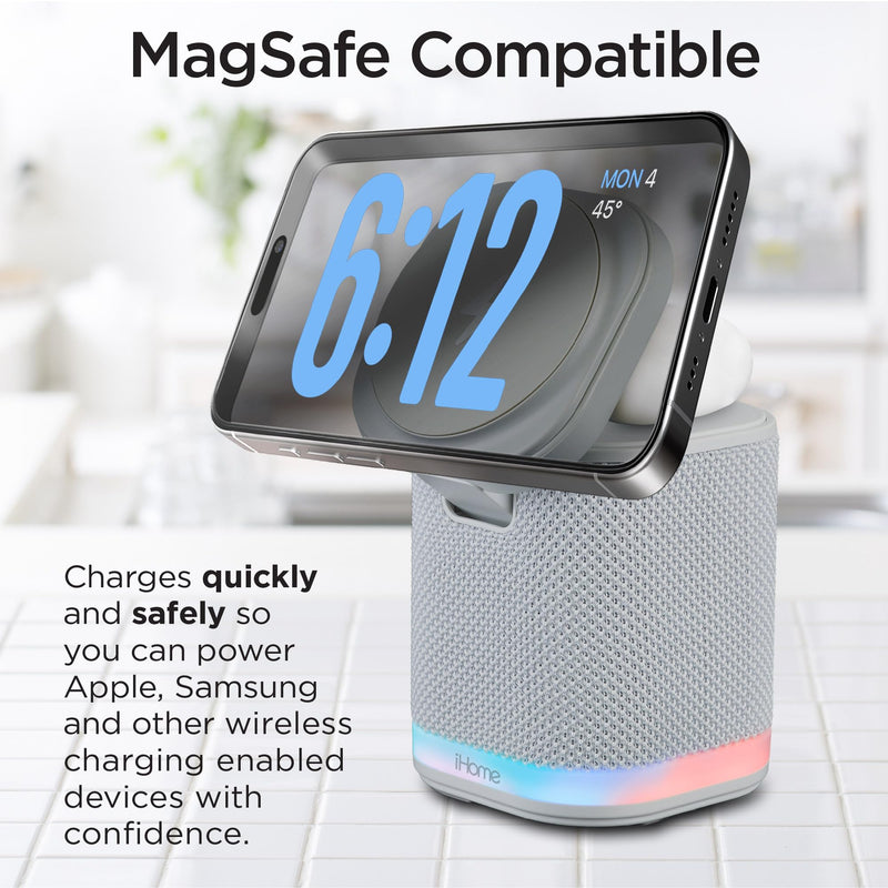 iHome Bluetooth Speaker with Wireless Charger, Charging Station with Color Changing Night Light - Gray (iPBT50G)