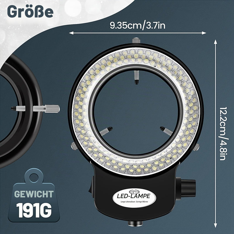 LED Microscope Ring Light, Optical Stereo Microscope Ring Light, 0-100% Brightness Adjustable, 6000 K Super Microscope Camera Lamp with 144 LED Beads, Jewelery Repair Lamp (EU Plug, Black)