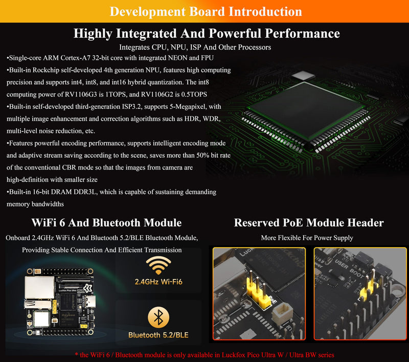 Luckfox Pico Ultra RV1106G2 Linux Micro Development Board, Integrates ARM Cortex-A7/RISC-V MCU/NPU/ISP Processors, 8GB eMMC, 128MB DDR3L, 0.5TOPS NPU, with Wire-Less (Board Only)