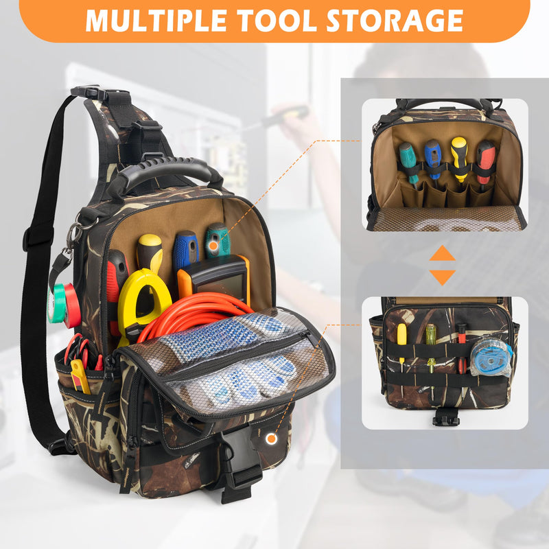 Electrician Tool Pouch Bag, Zippered HVAC Tool Organizer with Ergonomic Handle and Shoulder Strap for Maintenance Repair Technicians, Camouflage (Patent Pending)