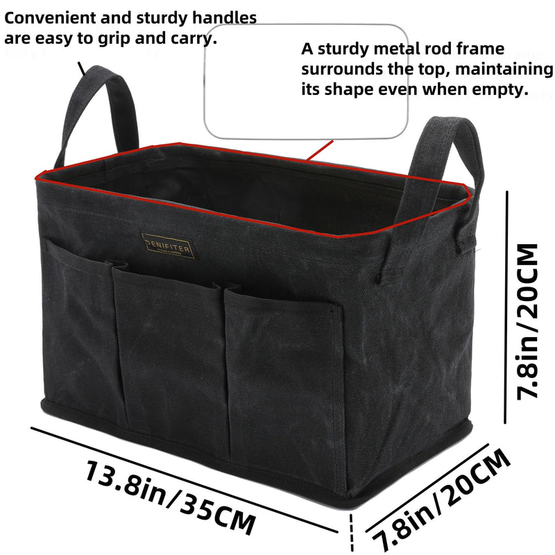 Storage Tool Case, 13.8 x 7.8 x 7.8 Inches, Rectangular Waxed Canvas Fabric Collapsible Tool Bag with Handles for Tools,Wrench Set,Screwdrivers (Black) Black-Single