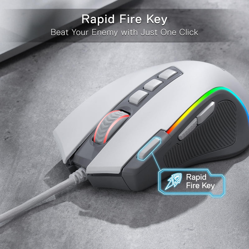 Redragon M612 RGB Gaming Mouse, 8000 DPI Wired Optical Gamer Mouse with 9 Programmable Buttons & 5 Backlit Modes, Software Supports DIY Keybinds Rapid Fire Button, Gray&White
