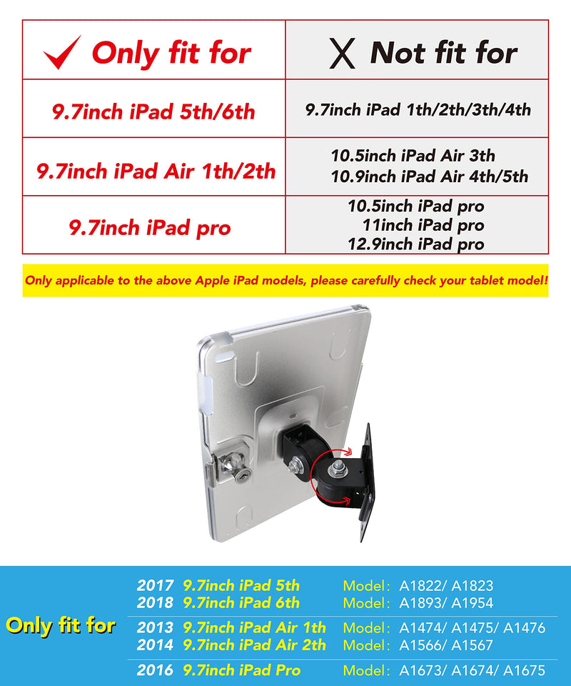 on Wall Mount Bracket for iPad 9.7"(6th,5th,Gen.), 9.7" Air1&2,9.7" Pro,Excluding 9.7"(1th,2th,3th,4th,Gen.),with Lock, Multi Angle,(Silver)