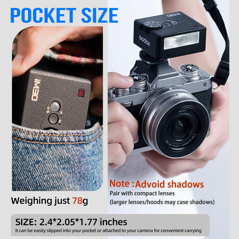 Godox Mini Flash Camera Flash Speedlite for Sony ZV1/ZV-E10, Canon, Nikon, Fuji & Ricoh GR3 GN15, 7-Level Power Adjustment, 230 Flashes with Cameras with Single-Contact Hotshoe and Diffuser 2.4 Flash