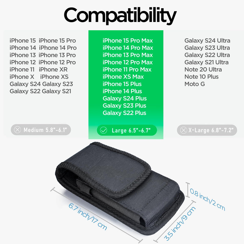 Nylon Cell Phone Holster with Belt Clip for iPhone 15 Pro Max, 15 Plus,14 Pro Max, 14 Plus, 13 Pro Max, 12 Pro Max, 11 Pro Max, S24 Plus, ID Card Holder Pen Holder Universal Pouch, Black -L Large