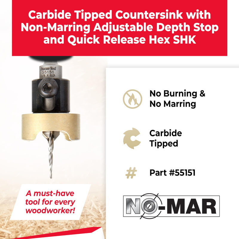 Amana Tool 82 Degree Countersink with Tapered Drill Bit and Adjustable Depth Stop, 55151, 3/8 D x 1/8 Drill D x 1/4 Inch Quick Release Hex Shank
