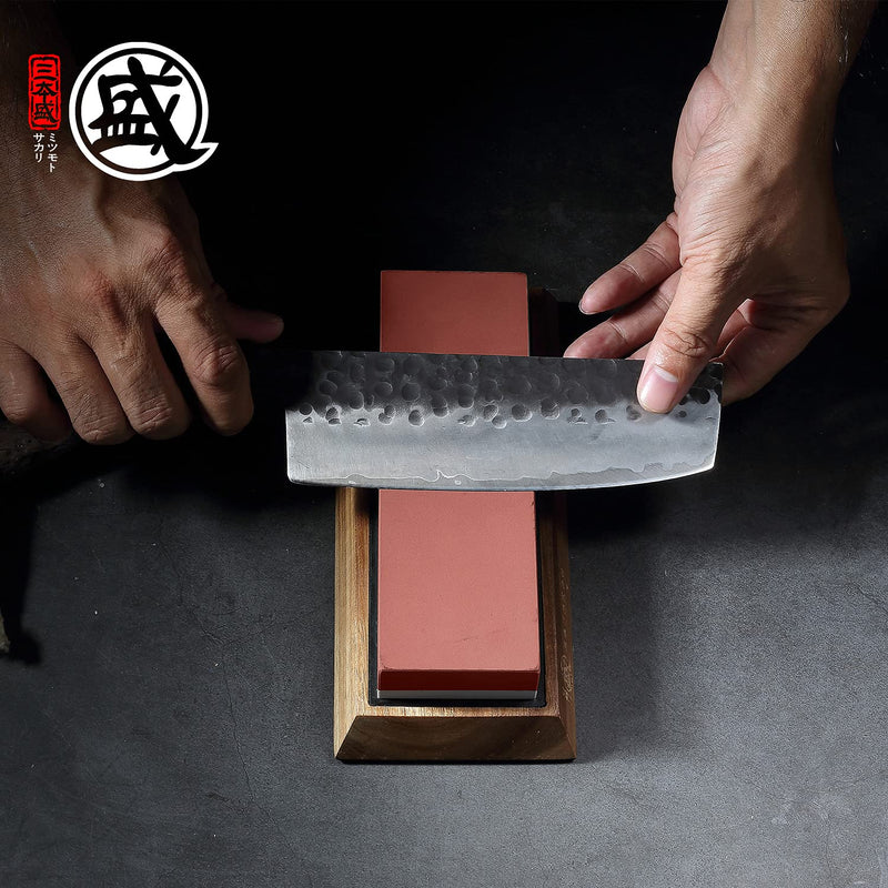 MITSUMOTO SAKARI Professional Japanese 1000/3000 Grit Sharpening Stone | Sharpening and Honing, White Corundum Whetstone, Controlled Water Absorption, Bamboo Base, Kraft Box