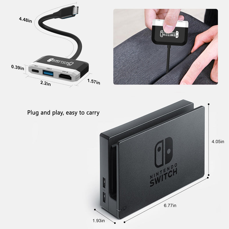 Switch Dock for Nintendo Switch/OLED Switch,3-in-1 Portable TV Dock with 4K HDMI USB 3.0 Port USB C PD 100W Charging,Travel Docking Station Replacement for Switch Black