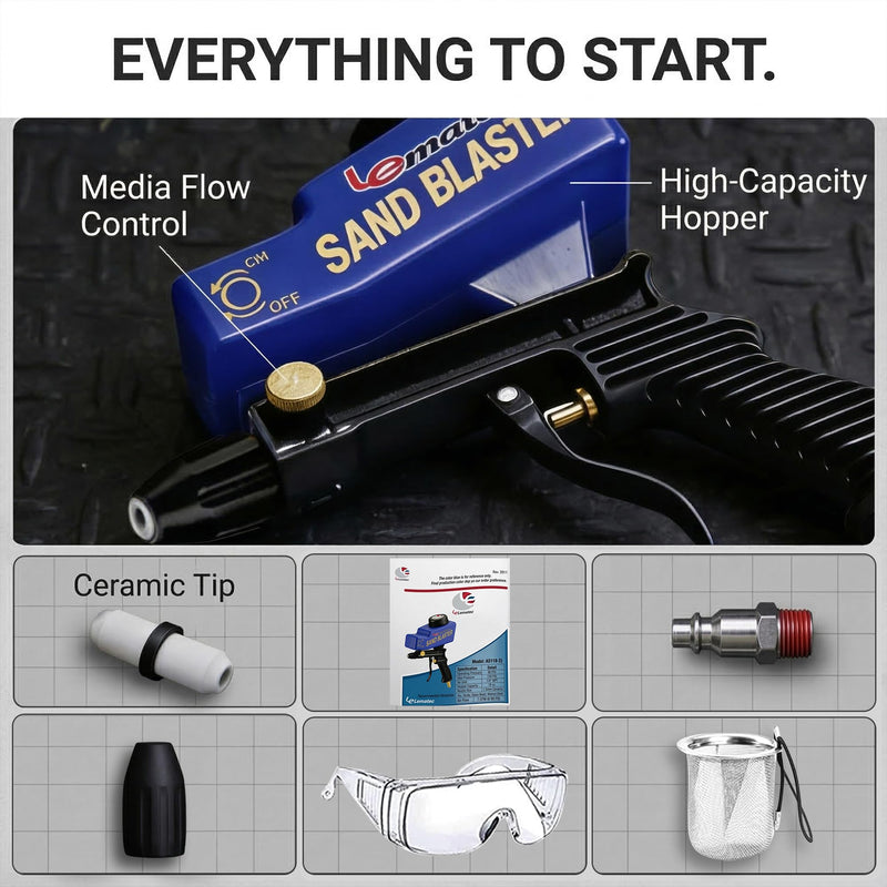 LE LEMATEC Sand Blaster Gun Kit for Air Compressor, Pistola de Arena | Portable handheld sandblaster, ceramic nozzle, 90 PSI 4 CFM, rust paint removal, auto restoration Ceramic Nozzle Blue