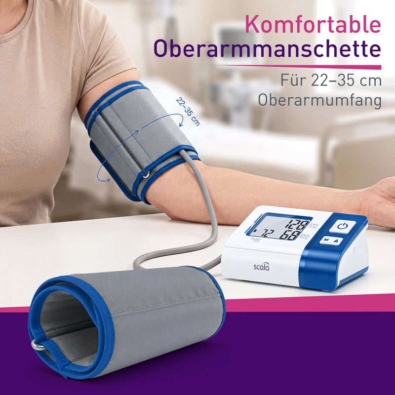 scala SC 7620 blue upper arm blood pressure monitor with compact design for home and on the go. Easy to reliably measure blood pressure independently. (L x B x H) 103 x 153 x 55 mm