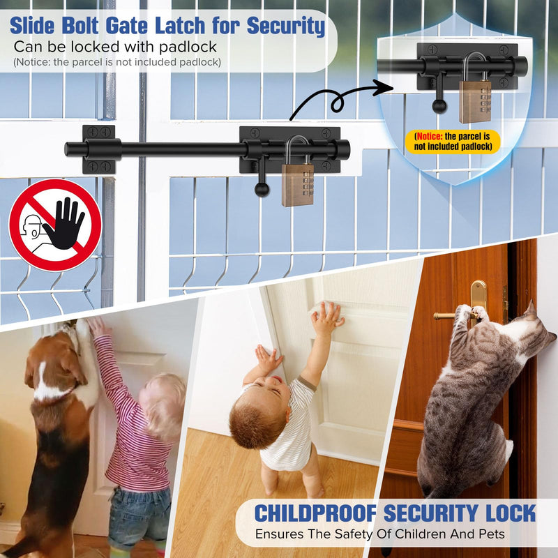 Barrel Bolt Latch, Sliding Bolt Gate Lock Door Latches Hardware, 12 Inch Heavy Duty Solid 304 Stainless Stee Door Lock for Fence/Wooden/Barn Door/Yard Door/Interior Door Latch Black-1Pc