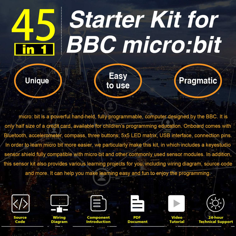 KEYESTUDIO 45 Sensors Starter Kit for BBC Microbit V2.2 V2 V1.5 (Without Micro:bit), Sensor Breakout Board, i2c LCD, Buzzer, 5v Relay with Tutorials 57 Courses Coding for Teens Adults 15+