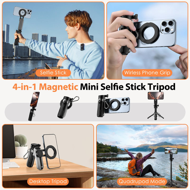 CloudValley Magnetic Mini Selfie Stick Tripod, 4-in-1 Pocket Size Phone Tripod with 360° Rotation, Rechargeable Bluetooth Remote, Foldable Handle Grip, Compatible with MagSafe iPhone for Photo/Video No Light