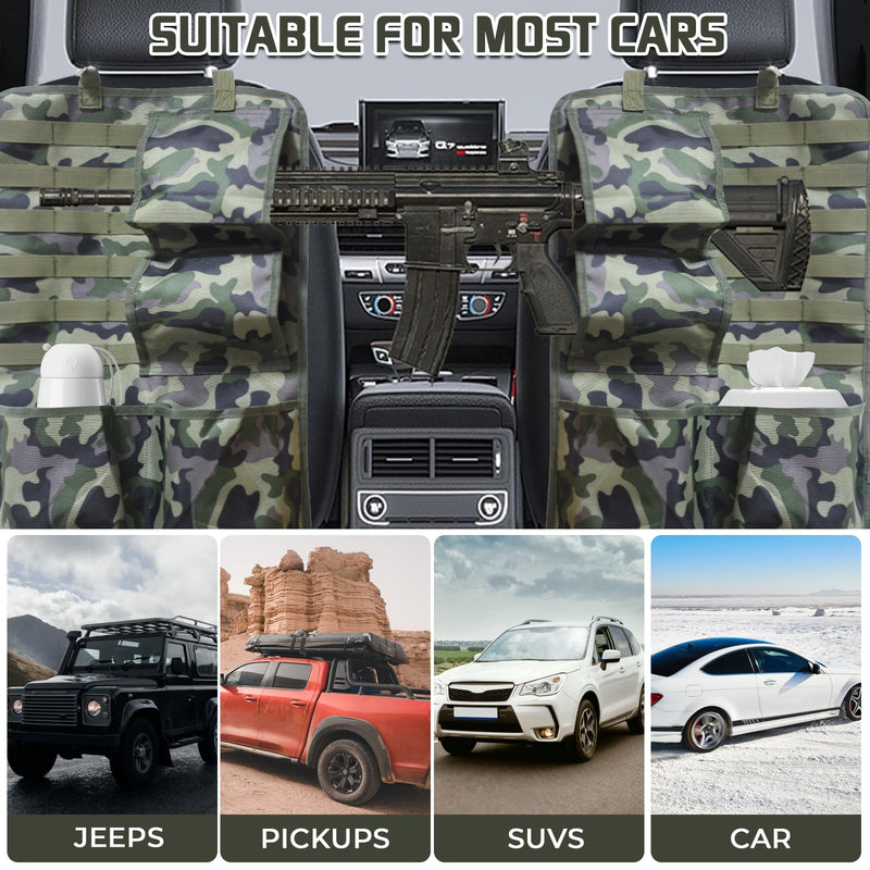 2PCS Tactical Car Concealed Seat Back Gun Rack,Hunting Gear Gun Sling Holder,Mount Organizer,with Molle Panel Seatback Cover Storage Bag for Rifles Shotgun,Fit Truck SUV MPV Pickup