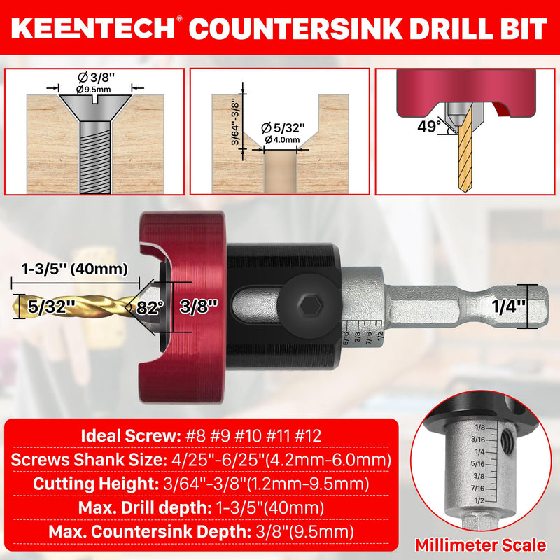 KEENTECH Carbide Tipped 82° Countersink Drill Bit with Depth Stop, 3/8" Dia x 5/32" Drill Diameter x 1/4" Shank, Adjustable Depth Stop with Ball Bearing 3/8" * 5/32"