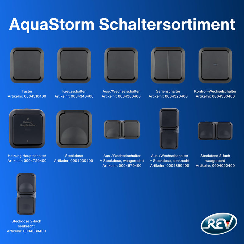 REV 0004030400 AquaStorm Socket for Wet Rooms, IP55 2-Pin, Surface-Mounted, Anthracite | Robust housing, two-pole, 230 V, 16 A, ideal for workshop, terrace and cellar 1 x socket