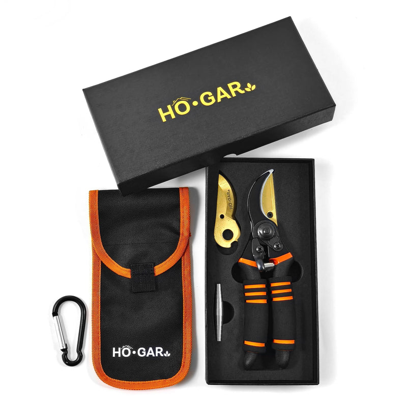 HO.GAR Premium Titanium Bypass Pruning Shears Kit: Heavy Duty Professional Hand Pruners, Gardening Scissors, Ergonomic Secateurs. Includes Blade and Spring Replacement + Pouch + Carabiner