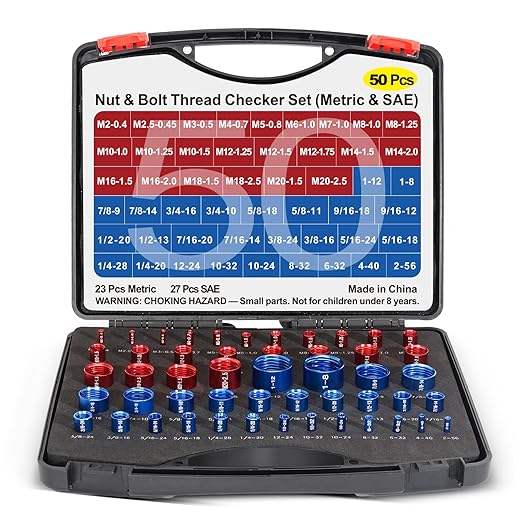 50Pcs Thread Checker, Bolt Size Finder Nut and Bolt Thread Checker, 23 Metric & 27 SAE Box Set Thread Gauge Size Checker in Narrow Area
