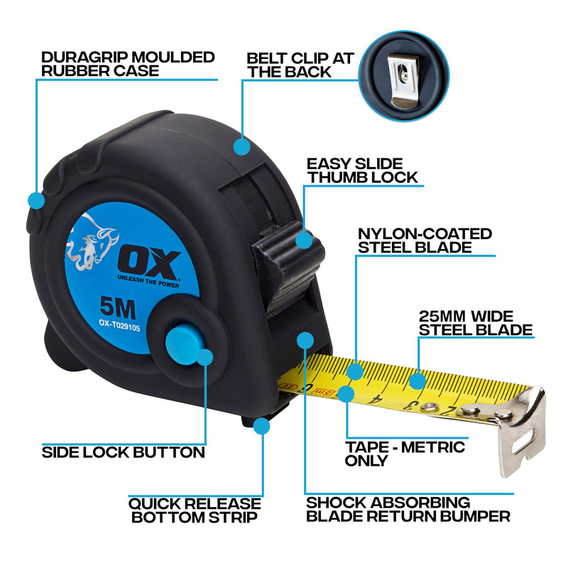 OX OX-T029105 Metric Only Trade Measure Tape, Black/Blue, 5 m | 5 m professional tape measure with 25 mm nylon blade, Duragrip rubber case