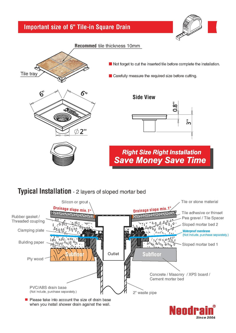 Neodrain 6" Tile Square Shower Drain with Removable Tile Insert Grate,304 Stainless Steel Tile Square Drain, CUPC Certified, Hidden Drain Easy to Clean(Brushed, 6 in) Brushed