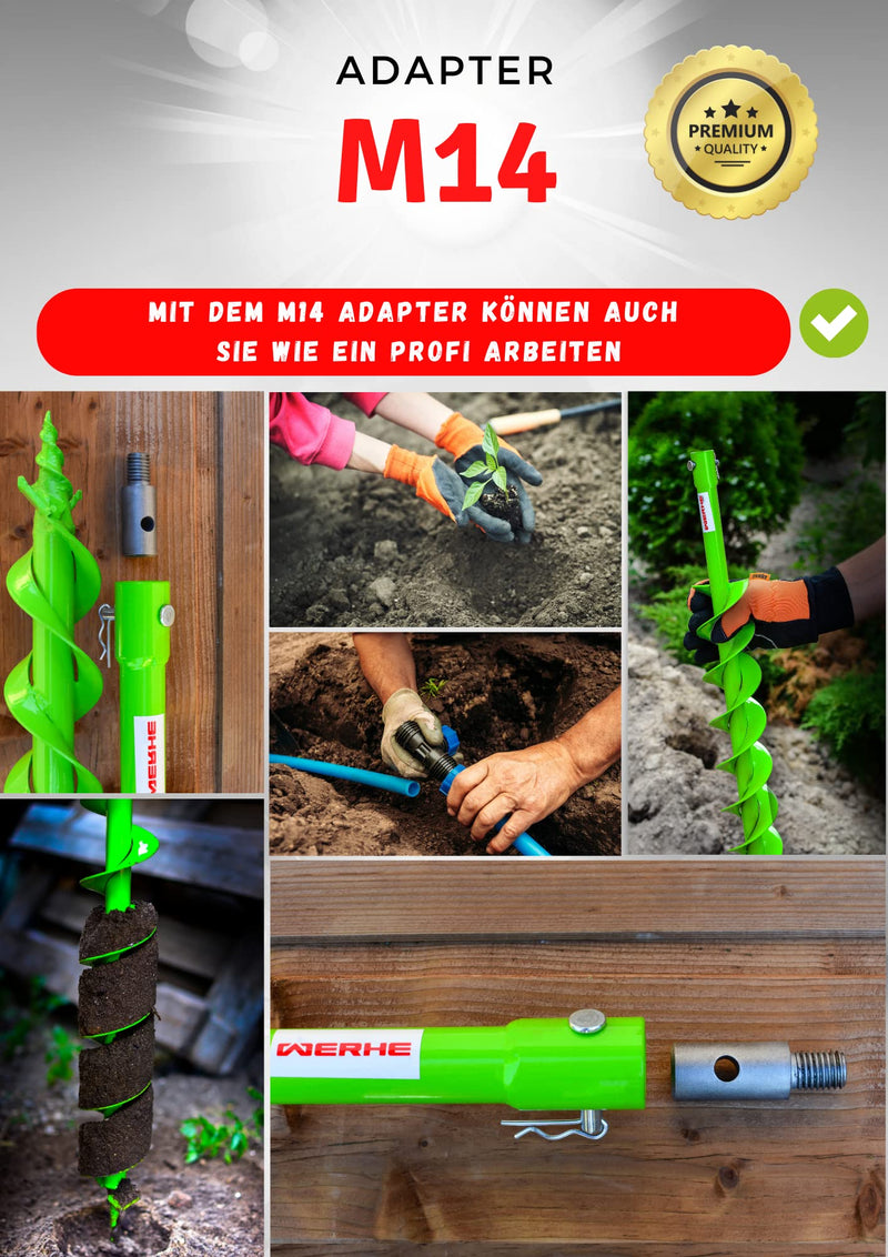 WERHE M14 Adapter for Earth Drill, High Carbon Steel Agitator Adapter for Garden | Compatible with Bosch, Makita, Einhell Drills for Fences, Posts and Trees, 6 x 2 x 2 cm, 100 g, Rustproof