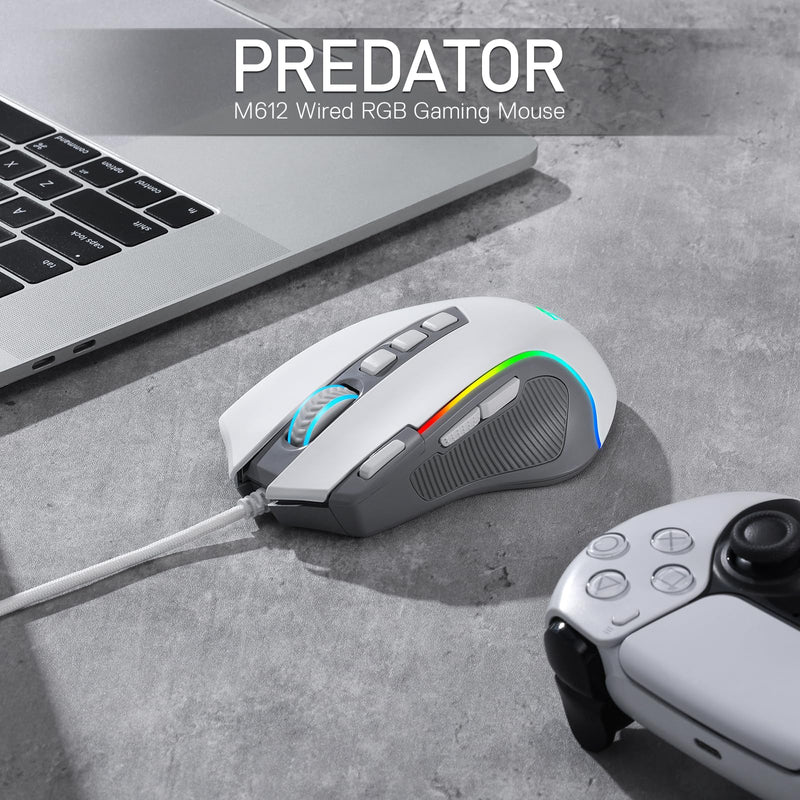 Redragon M612 RGB Gaming Mouse, 8000 DPI Wired Optical Gamer Mouse with 9 Programmable Buttons & 5 Backlit Modes, Software Supports DIY Keybinds Rapid Fire Button, Gray&White
