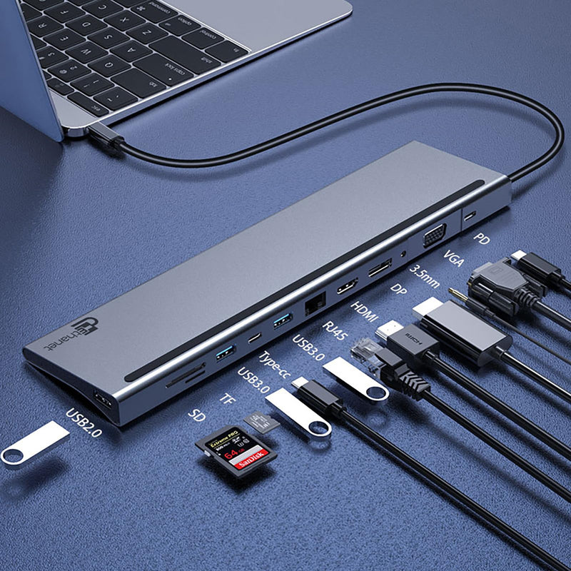 USB C Hub, 12-in-1 Multi-Port Laptop Docking Station with 4K HDMI, DP, VGA,100W Power Delivery, USB C Data, USB A, Gigabit Ethernet, SD, MicroSD, 3.5mm Port for MacBook Pro, Air and More