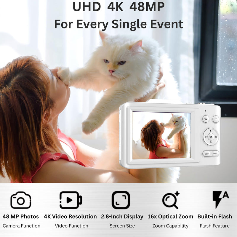 4K Digital Camera - 48MP Photos 32GB SD Card & Lanyard Included - Travel-Friendly, Digital Point and Shoot Camera, Kid-Sized, Small Camera Gift for Kids, Girls, Students & Teens White