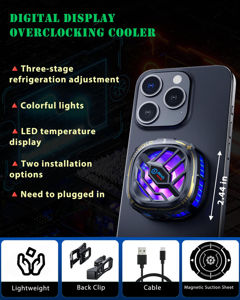 Magnetic Cell Phone Cooler, RGB Phone Cooling Fan Portable Lightweight Mobile Phone Cooling Fan, Phone Radiator with Temperature Display for Mobile Gaming,Tiktok Live Streaming