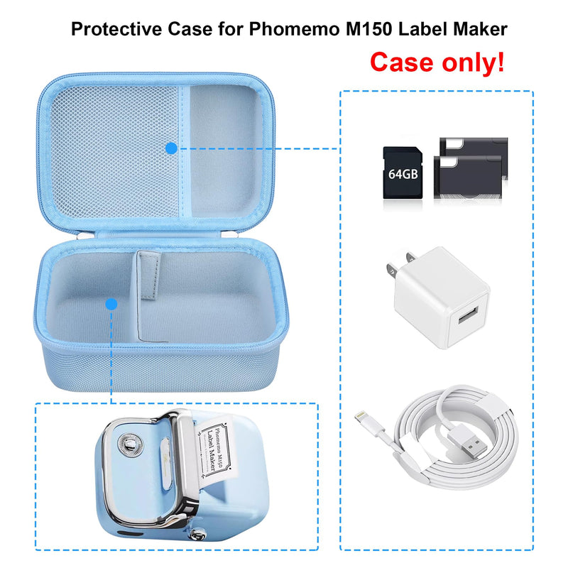 RAIALL Carrying Case for Phomemo M150 Label Maker Machine, Hard Storage Box for M150 Bluetooth Sticker Printer, Travel Bag with Mesh Pocket fits Printer Labels and USB Cable, Blue