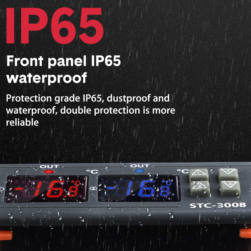 Fiada Pack of 2 STC-3008 AC 110V-220V Digital Temperature Controller Celsius Thermostat General Digital Thermostat Temperature Monitor with Sensor 2 Relay Output for Fermentation Heating Cooling