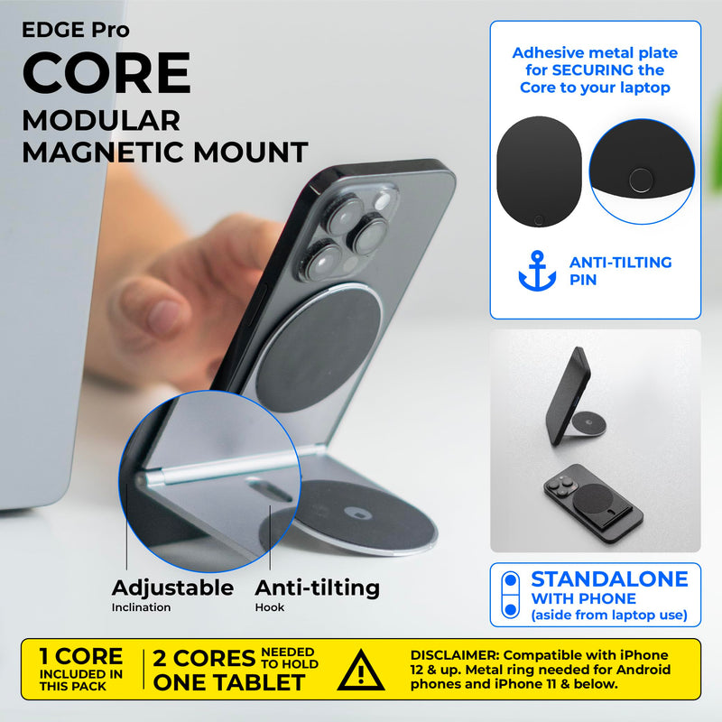 Rolling Square Edge Pro Core - Magnetic Mount Phone Holder Stand for Computers and Tablets | Secure Metal Plate Adhesive or Standalone Mode Compatible with MagSafe, Qi, and Non-MagSafe Devices, Black