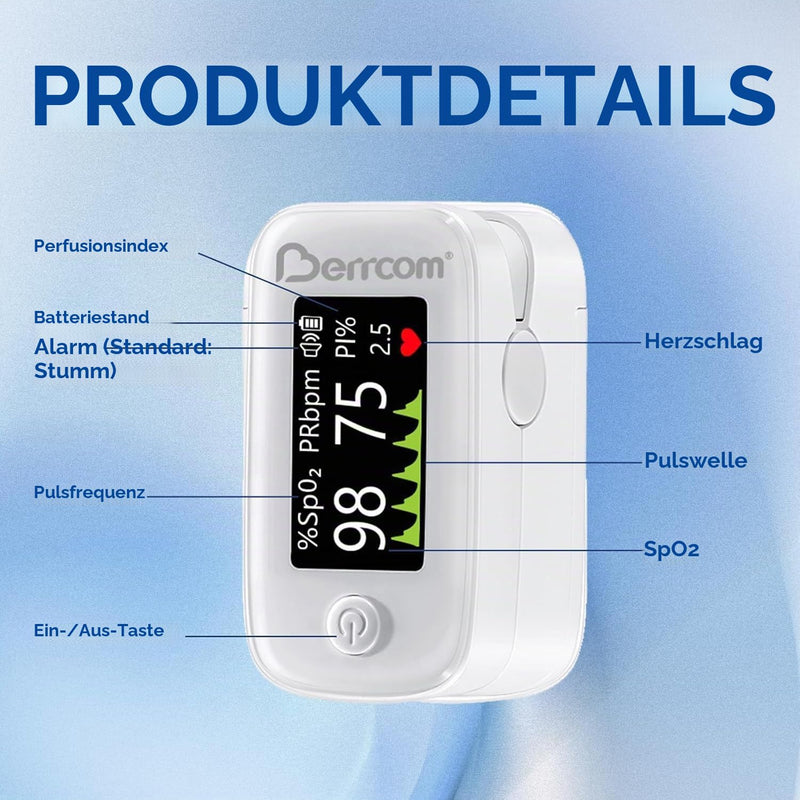 Berrcom Pulse Oximeter Blood Oxygen Saturation Monitor Finger High Accuracy Sats Monitor for Adults with Batteries and Lanyard