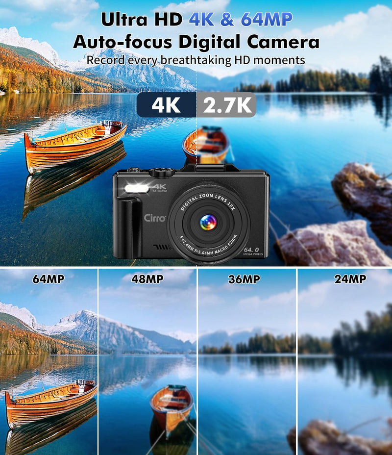 4K Digital Camera for Photography, WiFi 64MP UHD Vlogging Camera with 18X Digital Zoom, Super Wide-Angle Lens, 3" 180° Flip Screen, 32GB SD Card, Black