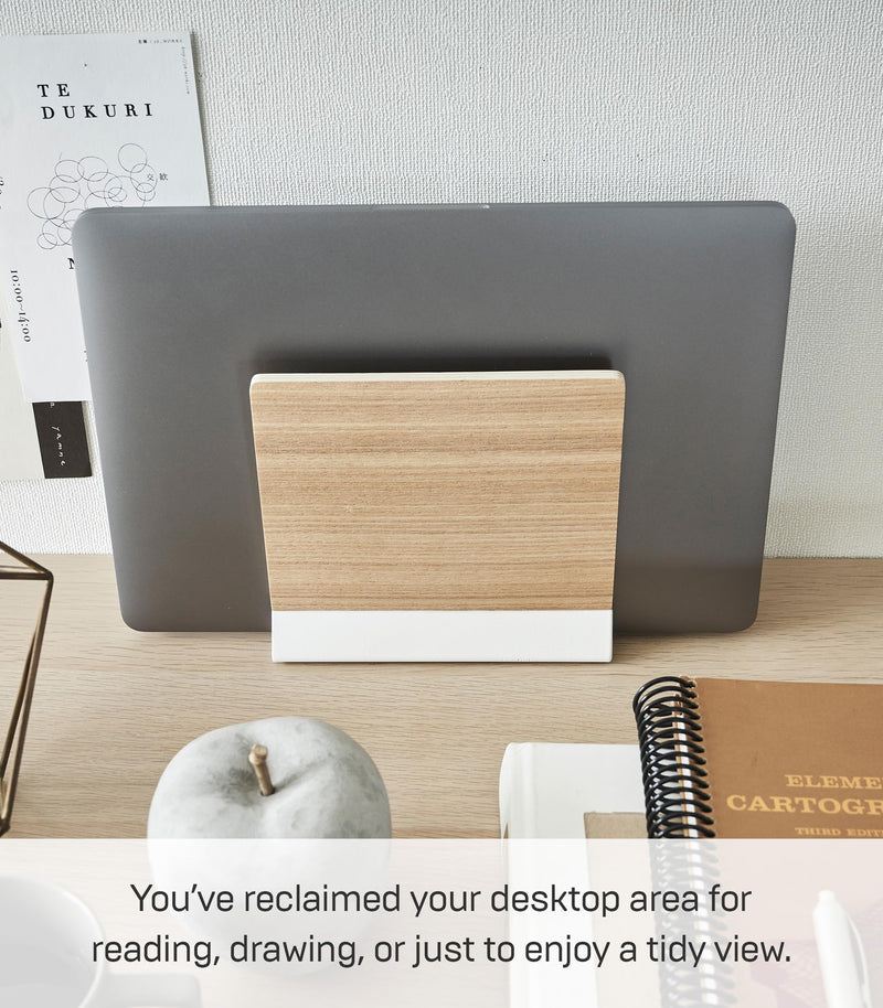 Yamazaki Home Rin Portable Laptop Holder Stand for Desk in Bedroom Or Office, Wooden Storage Station - Steel + Wood Walnut