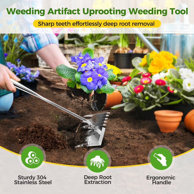 Weed Puller Tool, 2025 Upgraded Portable Manual Weeding Tools Gardening, 6 Teeth Dual Head Stainless Steel Hand Garden Weeding Rake, Weed Remover Tool for Gardening Backyard Yard Farm Planting Weeding