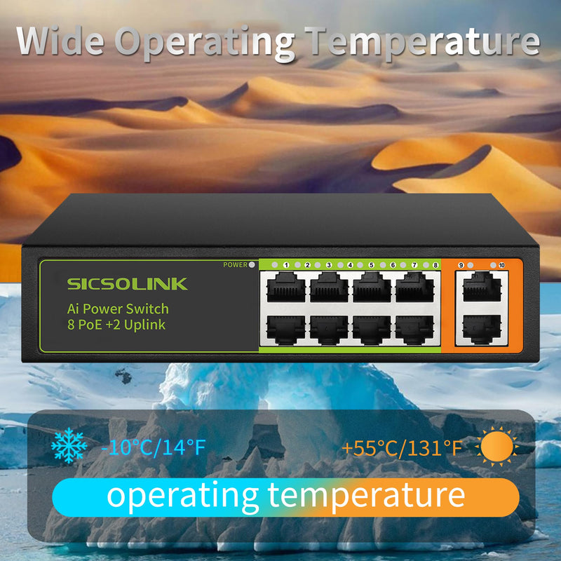 8 Ports PoE+ Ethernet Switch 2 Uplink 802.3af/at 120W Total Power 100Mbps Network Hub 20 Gbps Switch Capacity Unmanaged PoE Switch Suitable for IP Cameras Home & Office. 8*POE+2*FE