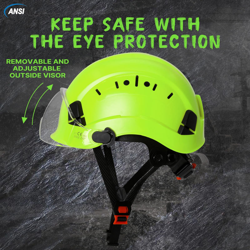 AOLAMEGS Construction Hard Hats with Visor - OSHA Approved Construction Hardhat with Chin Straps Green Hard Hat with Clear Visor