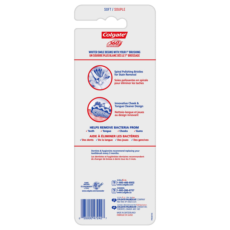 Colgate 360 Advanced Whitening Soft Toothbrush Pack, 4 Adult Soft Toothbrushes with Cheek and Tongue Cleaner, Helps Clean Your Teeth, Tongue, Cheeks, & Gums, 4 - Pack (Pack of 2) 1 Count (Pack of 8)