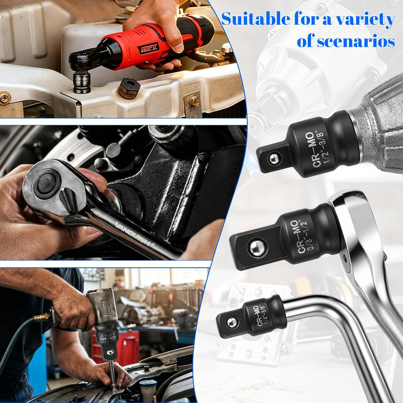 Ratchet Adapter Set Made of Chrome Vanadium Steel | Nut Adapter for Repairs Impact Wrench Accessories with 1/2 3/8 1/4 Connection and Safety Ball