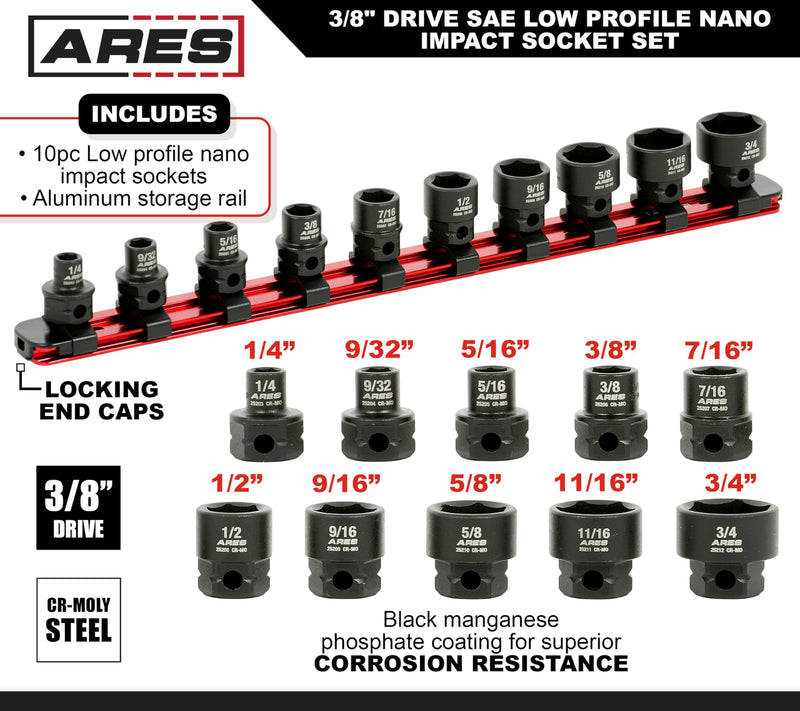 ARES 29019 – 10-Piece 3/8-Inch Drive SAE Low Profile Nano Impact Socket Set – Impact Grade Sockets Offer Greater Clearance Than Typical Shallow Sockets – Includes Aluminum Storage Rail 10-Piece SAE Nano Impact Socket Set
