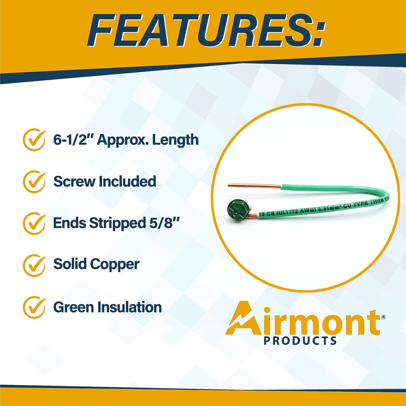 (Pack of 100) 12 AWG Solid Copper Ground Wire with Green Ground Screws – 6.5" Edge-Stripped Grounding Wire, 5/8" Strip, 10-32 x 3/8" Captive Green Screws for Electrical Boxes