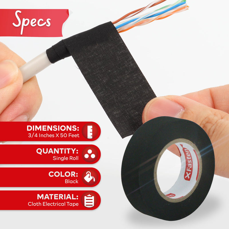XFasten Wire Harness Tape 3/4 Inch x 50ft Cloth Tape | High Temp Fabric Tape | Cloth Electrical Tape | Felt Tape | Friction Tape | Flat Wire Tape Automotive Wire Loom Tape Screen Wire Tape 1 Black 3/4-Inch x 50-Feet