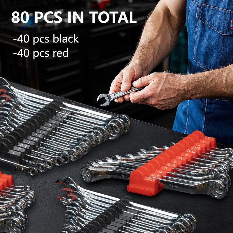 80 pcs MAGNETIC Modular Wrench Organizers for Tool Drawers - Wrench Rack with Metric & SAE Labels, Perfect Tool Storage Holder. Gift for father, brother and boyfriend (With Magnet) (Black and Red) Black and Red